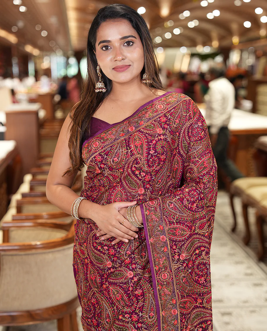 Wine Georgette Saree, Accentuated with Intricate Paisleys, Kashmir Embroidered and Stone Work on Its Body, a Self-Embroidered Border, and Paired with an Embroidered Blouse - Image 3