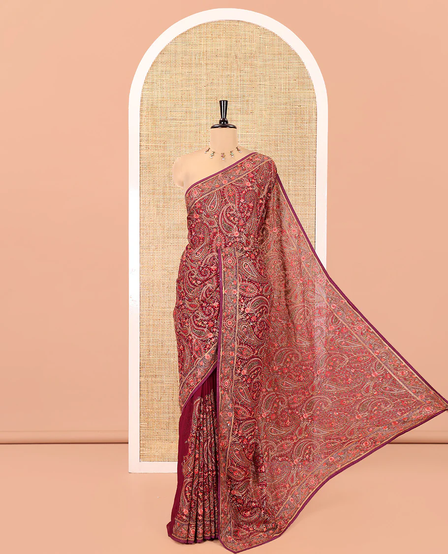 Wine Georgette Saree, Accentuated with Intricate Paisleys, Kashmir Embroidered and Stone Work on Its Body, a Self-Embroidered Border, and Paired with an Embroidered Blouse - Image 5