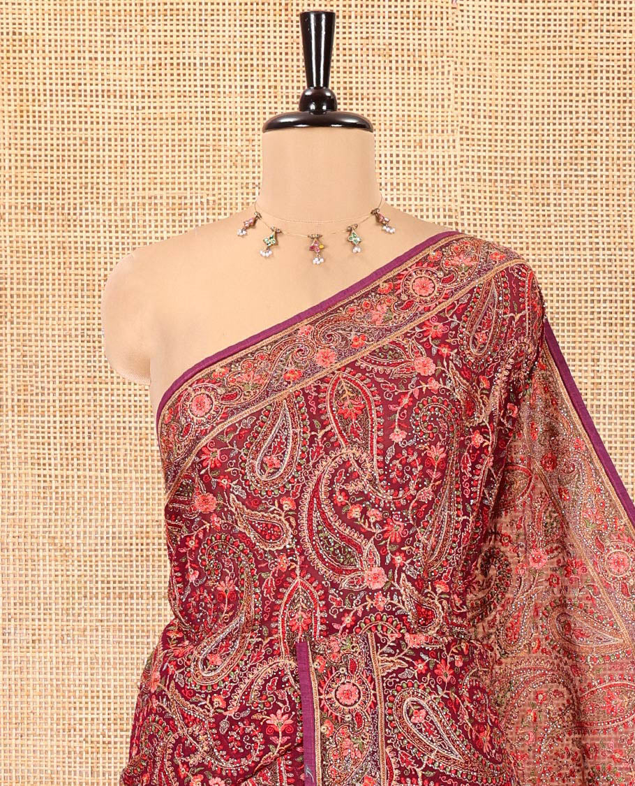 Wine Georgette Saree, Accentuated with Intricate Paisleys, Kashmir Embroidered and Stone Work on Its Body, a Self-Embroidered Border, and Paired with an Embroidered Blouse - Image 6