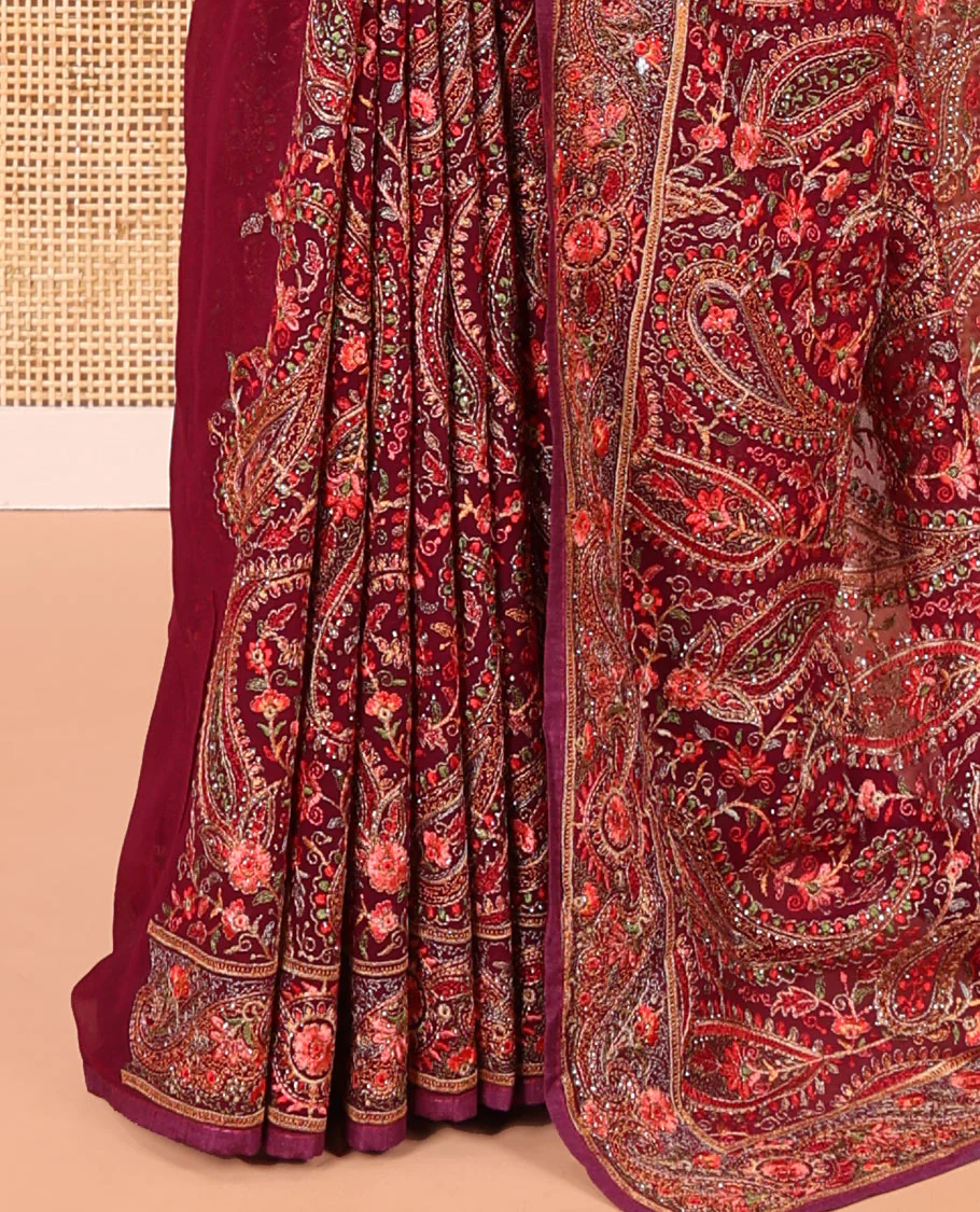Wine Georgette Saree, Accentuated with Intricate Paisleys, Kashmir Embroidered and Stone Work on Its Body, a Self-Embroidered Border, and Paired with an Embroidered Blouse - Image 7