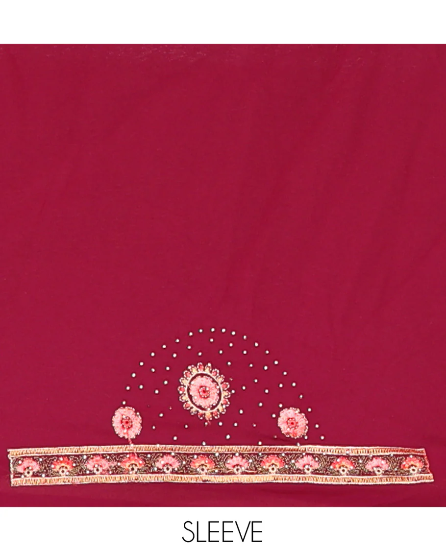 Wine Georgette Saree, Accentuated with Intricate Paisleys, Kashmir Embroidered and Stone Work on Its Body, a Self-Embroidered Border, and Paired with an Embroidered Blouse - Image 8