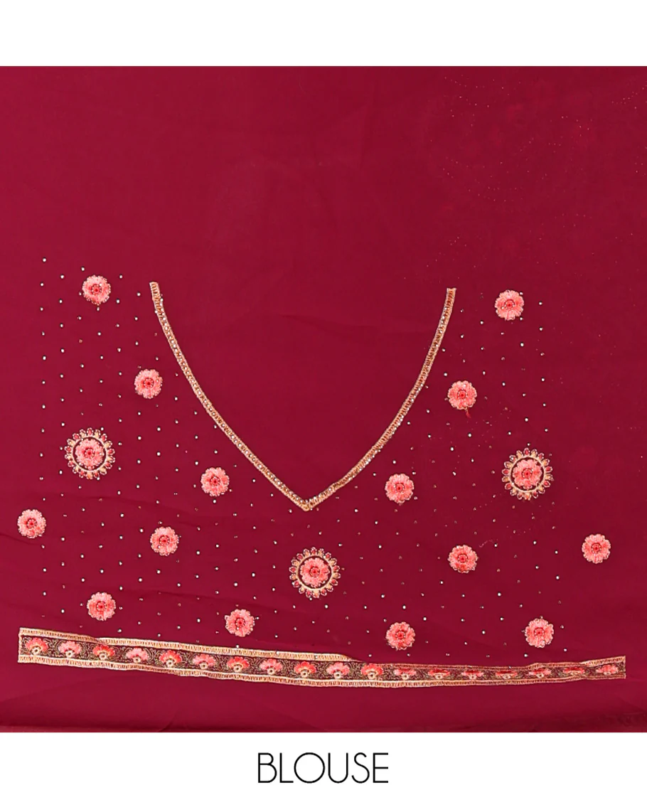 Wine Georgette Saree, Accentuated with Intricate Paisleys, Kashmir Embroidered and Stone Work on Its Body, a Self-Embroidered Border, and Paired with an Embroidered Blouse - Image 9