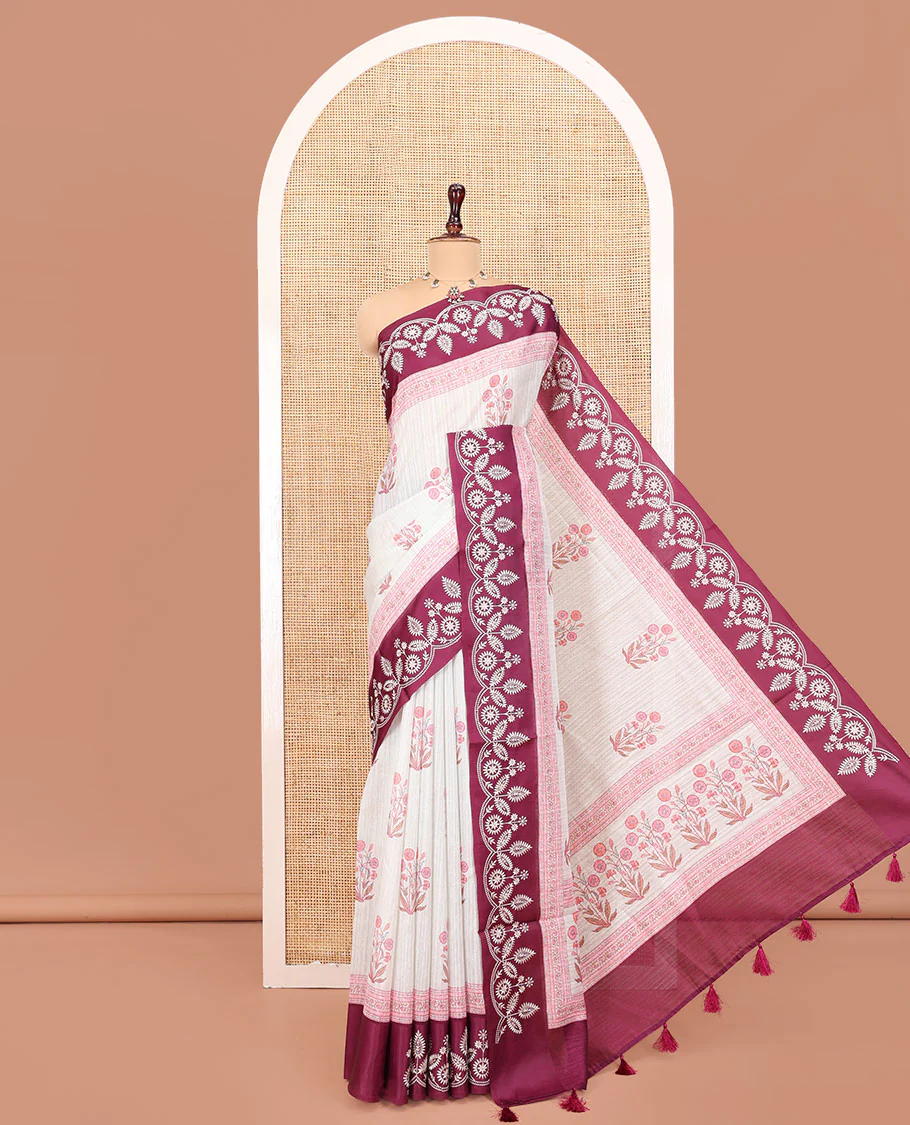 Wine Green-Silk Saree, Detailed with Floral Motifs, Block Print on Its Body, Complemented by a Contrast Thread Embroidered Border, Pallu of Floral Block Print, and Paired with a Contrast Blouse