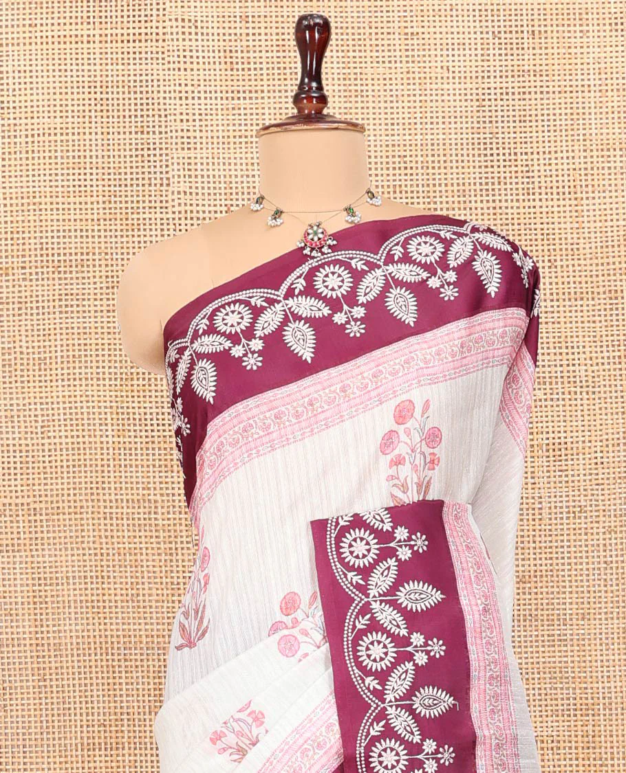 Wine Green-Silk Saree, Detailed with Floral Motifs, Block Print on Its Body, Complemented by a Contrast Thread Embroidered Border, Pallu of Floral Block Print, and Paired with a Contrast Blouse - Image 2