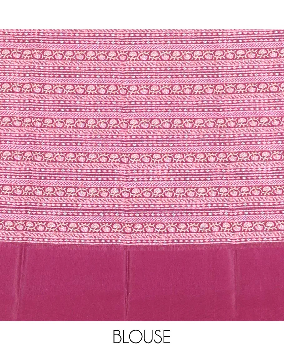 Wine Green-Silk Saree, Detailed with Floral Motifs, Block Print on Its Body, Complemented by a Contrast Thread Embroidered Border, Pallu of Floral Block Print, and Paired with a Contrast Blouse - Image 5
