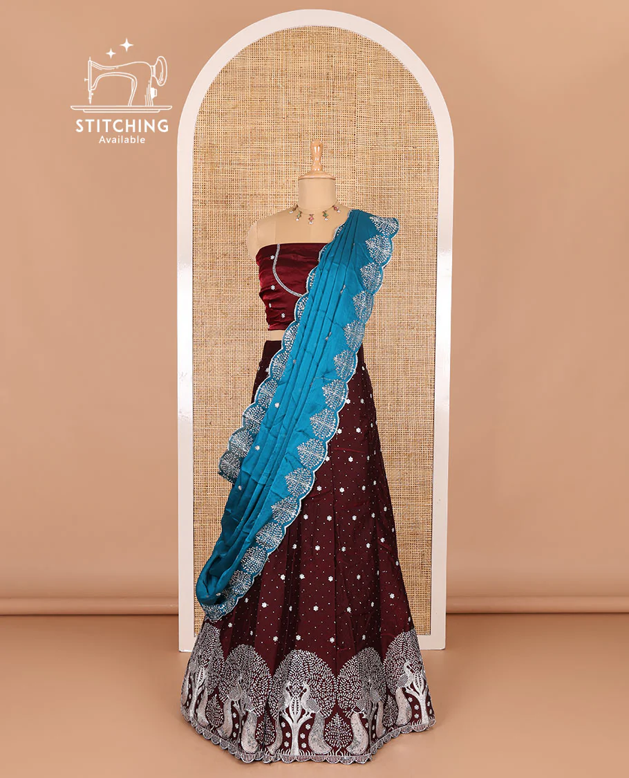 Wine half-saree, buttas, tree, and peacock motifs embroidered semi-taffeta silk top, matching blouse, and contrast scallop embroidered dhavani - Image 3
