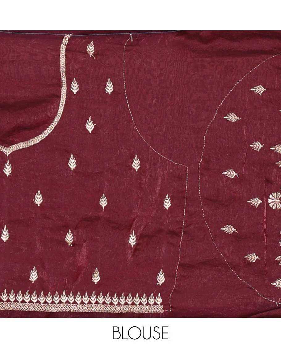 Wine half-saree, floral and bird motifs embroidered velvet organza top, matching embroidered blouse, and contrast scallop embroidered syska georgette dhavani - Image 4