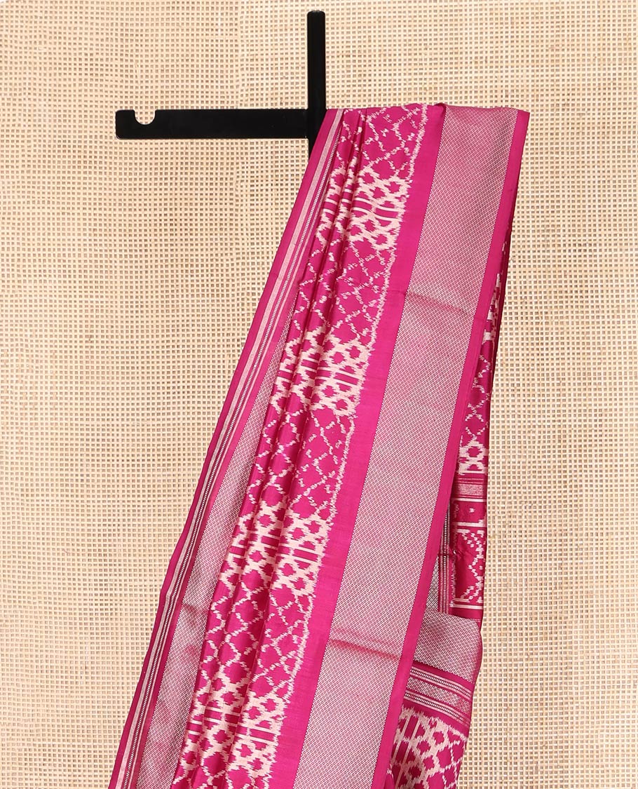 Wine Ikkat Silk Saree, Decorated with Ikkat Jaal Designs All Over Its Body, Highlighted by a Self-Border of Diamond Zari Designs, Pallu of Ikkat Designs, and Paired with a Matching Blouse - Image 3