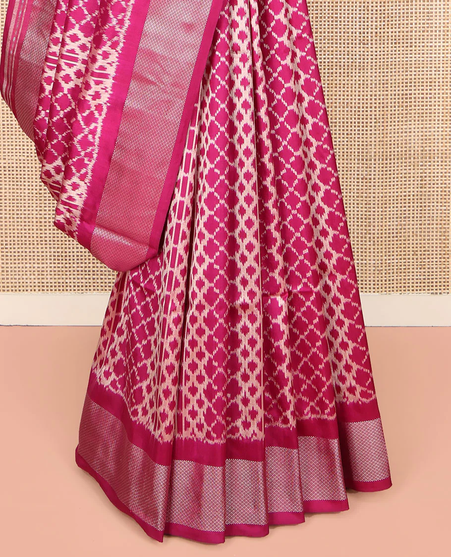 Wine Ikkat Silk Saree, Decorated with Ikkat Jaal Designs All Over Its Body, Highlighted by a Self-Border of Diamond Zari Designs, Pallu of Ikkat Designs, and Paired with a Matching Blouse - Image 4