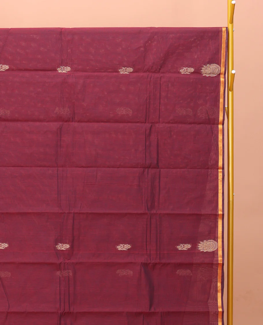 Wine Kanchi Cotton Saree, Subtly Woven with Buttas on Its Body, A Subtle Piping Border, Pallu of Intricate Design, and a Matching Blouse - Image 2