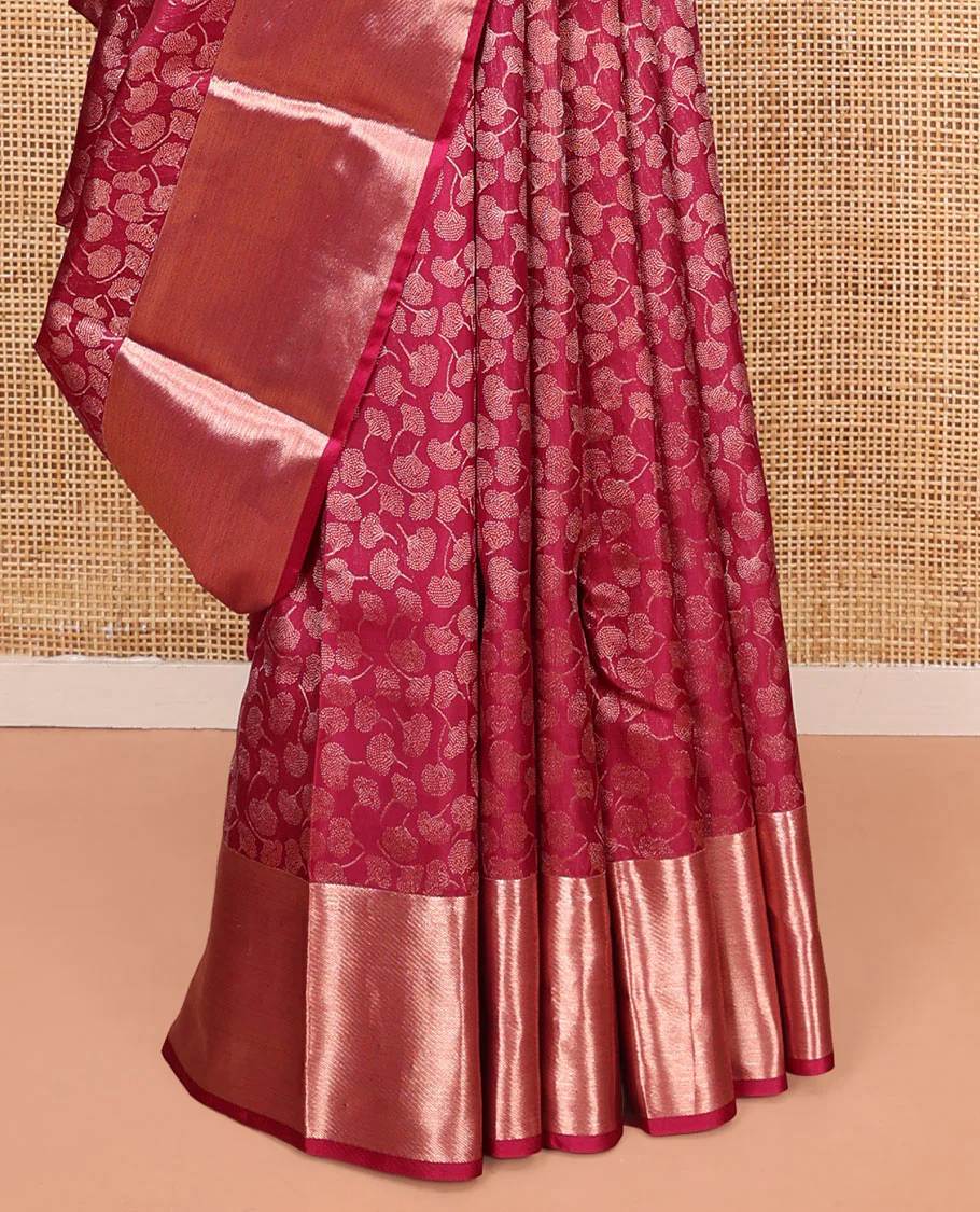 Wine Kanchipuram Wedding Silk Saree, Gleamed Up with Floral Buttas on Its Body, Highlighted by a Zari Border, Pallu of Geometric Designs, and Paired with a Matching Blouse - Image 4