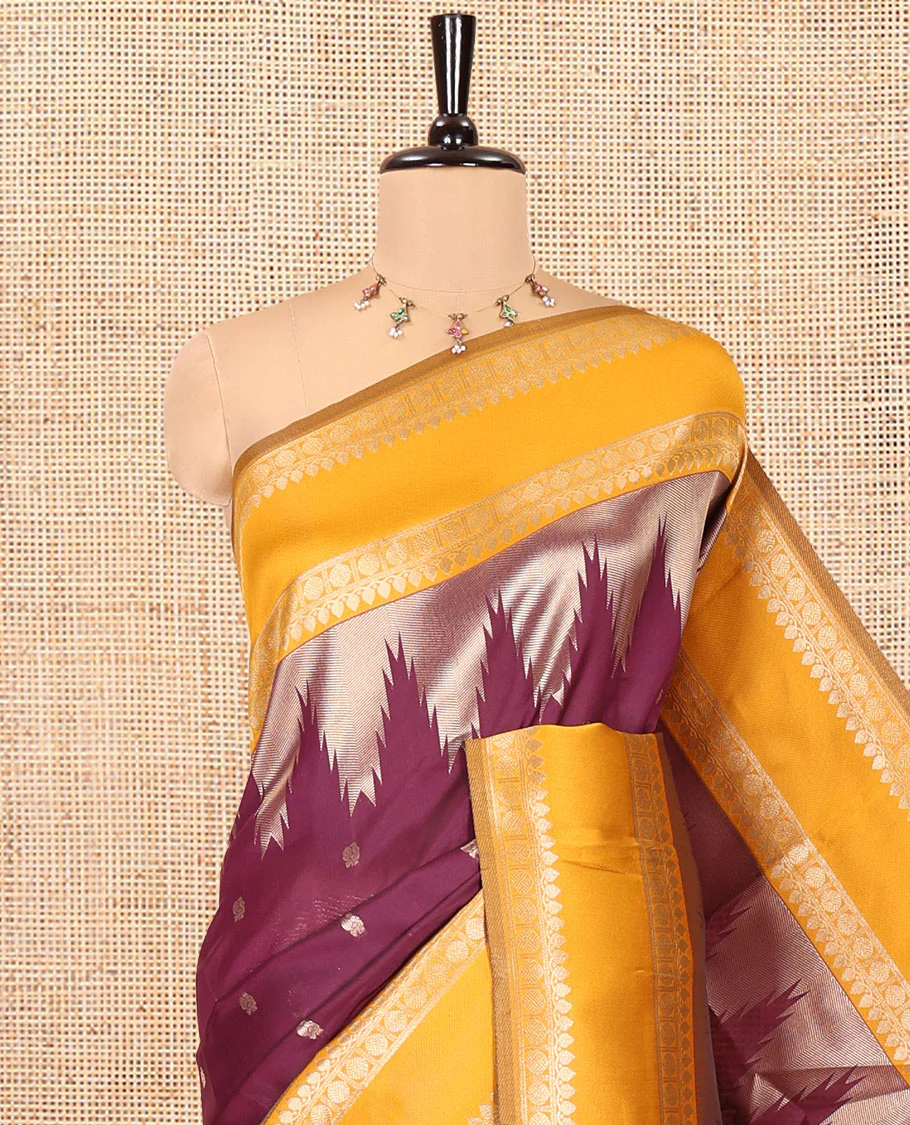 Wine Litchi Saree, Bedecked with Peacock Buttas , Contrast Temple Traditional Rettai Pettu Border, Pallu of Traditional , and Contrast Blouse - Image 2