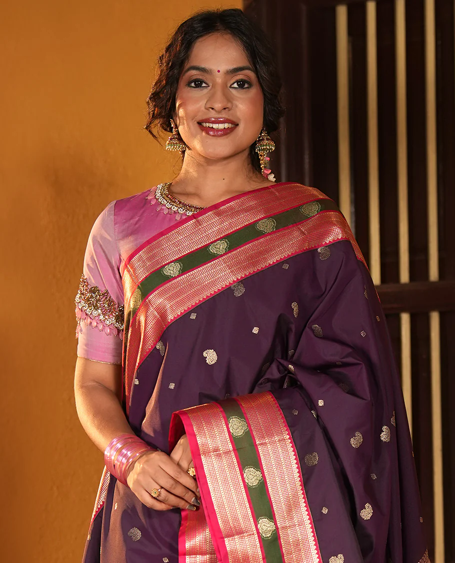 Wine Maroon and Dark Pink Budget Silk Saree, Accentuated with Manga and Diamond Buttas on Its Body, Complemented by Contrast Traditional Zari Design Border, Pallu Steeped with Traditional Designs, and Paired with a Contrast Blouse - Image 3