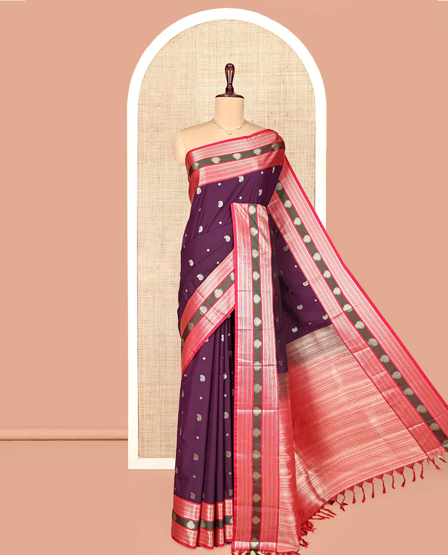 Wine Maroon and Dark Pink Budget Silk Saree, Accentuated with Manga and Diamond Buttas on Its Body, Complemented by Contrast Traditional Zari Design Border, Pallu Steeped with Traditional Designs, and Paired with a Contrast Blouse - Image 4