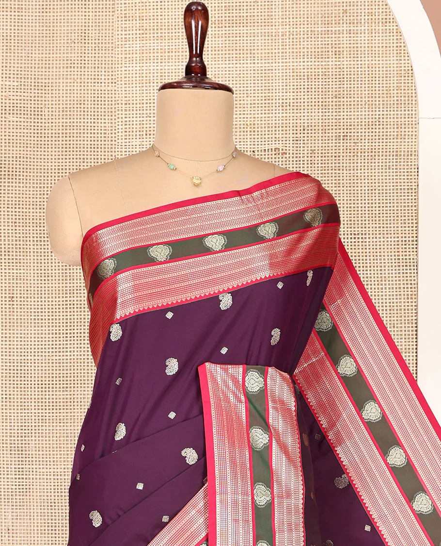 Wine Maroon and Dark Pink Budget Silk Saree, Accentuated with Manga and Diamond Buttas on Its Body, Complemented by Contrast Traditional Zari Design Border, Pallu Steeped with Traditional Designs, and Paired with a Contrast Blouse - Image 5