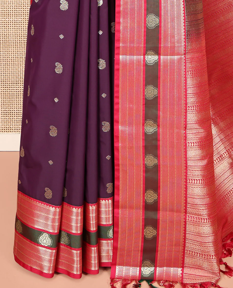 Wine Maroon and Dark Pink Budget Silk Saree, Accentuated with Manga and Diamond Buttas on Its Body, Complemented by Contrast Traditional Zari Design Border, Pallu Steeped with Traditional Designs, and Paired with a Contrast Blouse - Image 6