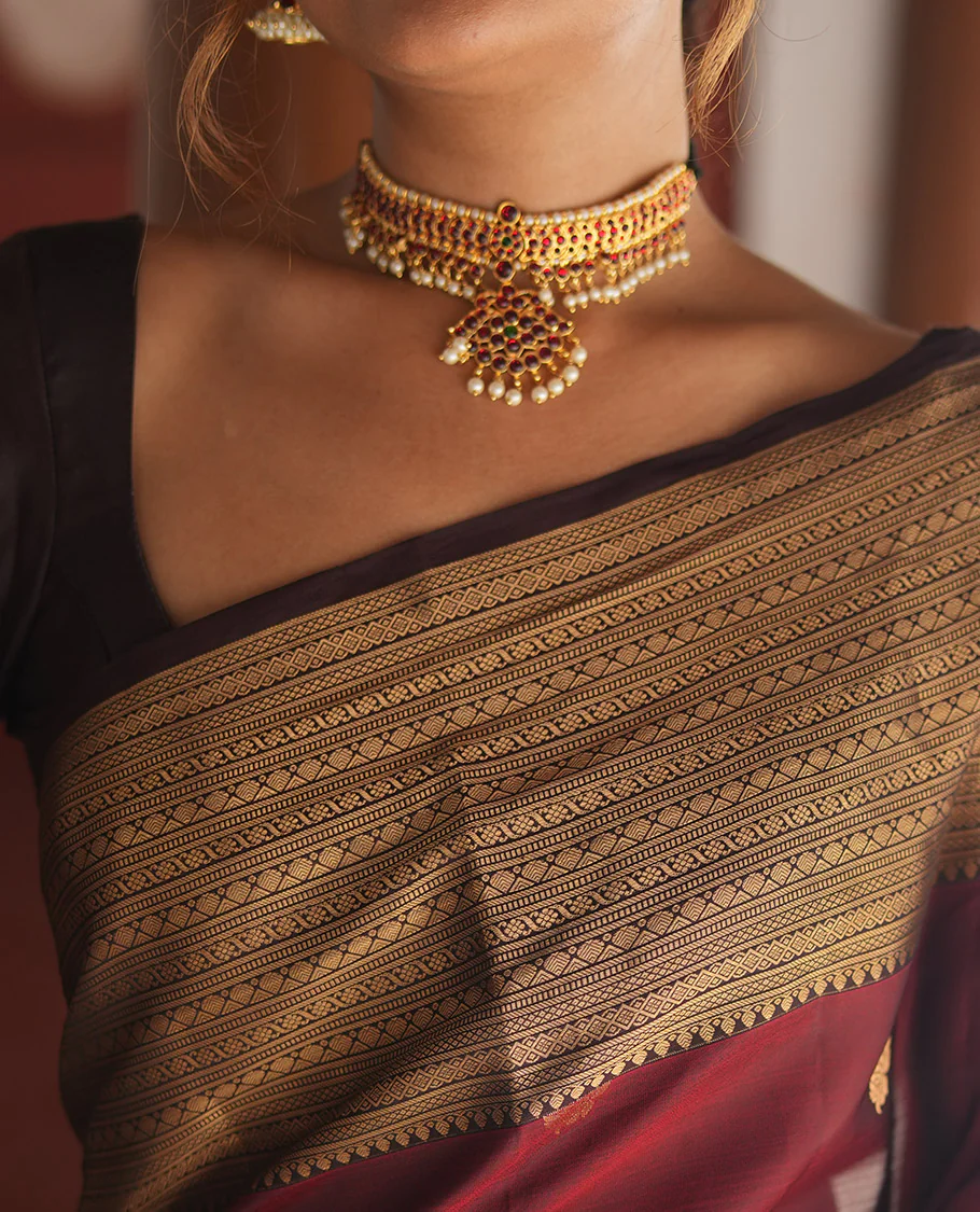 Wine-Maroon Vasundhara Lite Silk Mix Saree Features Zari Buttas, Contrast Border of Muthu,Banaras,Mayil Kann, and Cross Kamalam, Jaal Pallu, and Contrast Blouse - Image 2