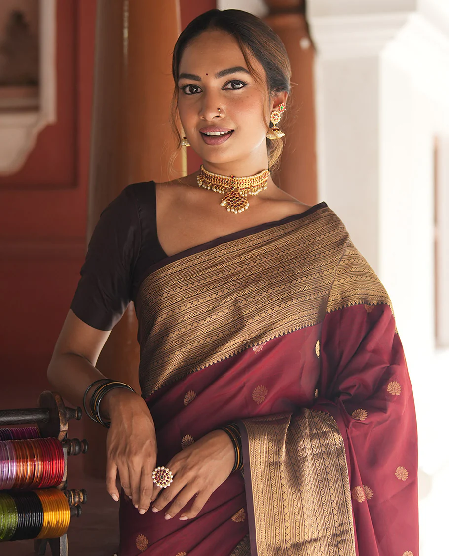 Wine-Maroon Vasundhara Lite Silk Mix Saree Features Zari Buttas, Contrast Border of Muthu,Banaras,Mayil Kann, and Cross Kamalam, Jaal Pallu, and Contrast Blouse - Image 3