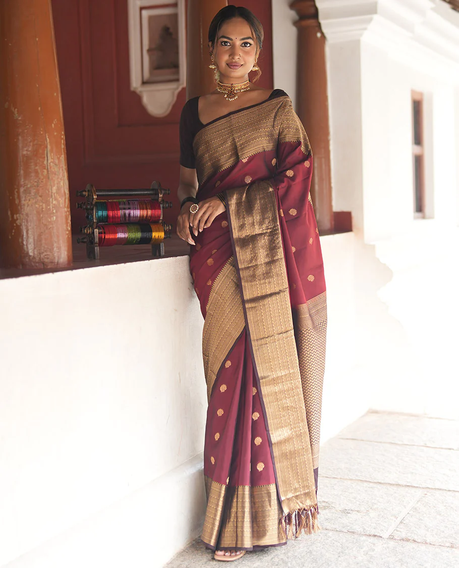 Wine-Maroon Vasundhara Lite Silk Mix Saree Features Zari Buttas, Contrast Border of Muthu,Banaras,Mayil Kann, and Cross Kamalam, Jaal Pallu, and Contrast Blouse - Image 4
