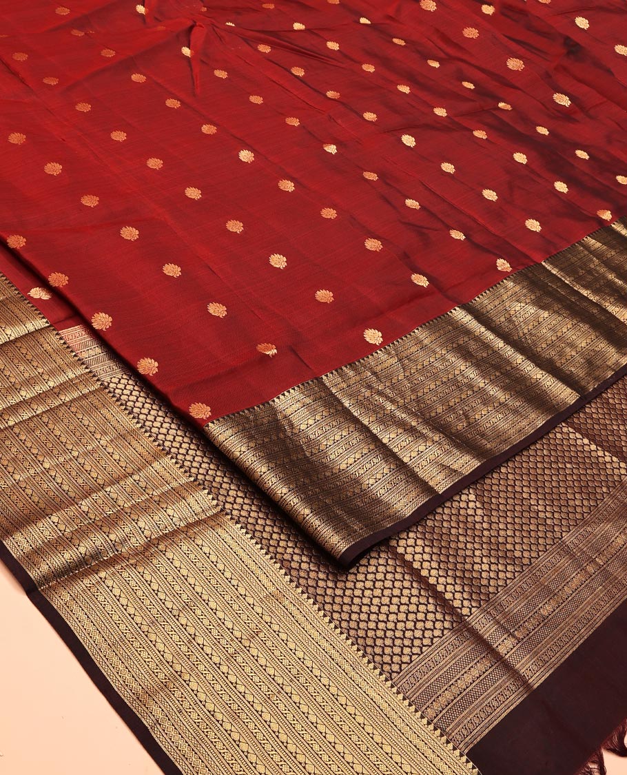 Wine-Maroon Vasundhara Lite Silk Mix Saree Features Zari Buttas, Contrast Border of Muthu,Banaras,Mayil Kann, and Cross Kamalam, Jaal Pallu, and Contrast Blouse - Image 7