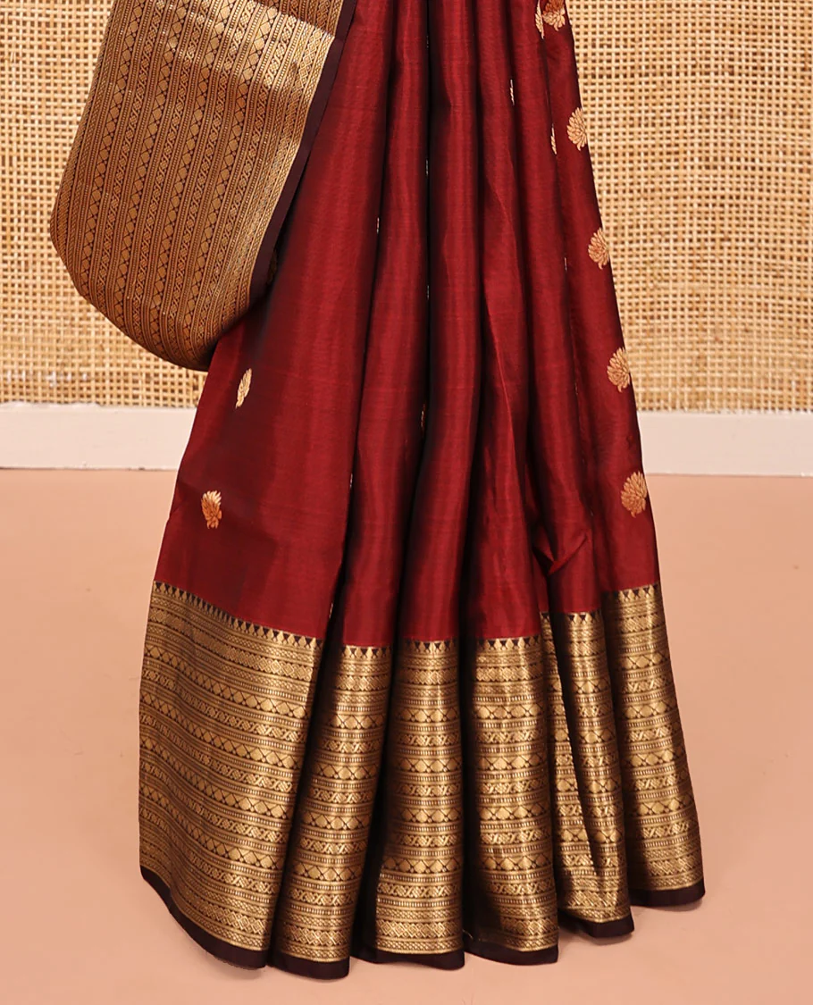 Wine-Maroon Vasundhara Lite Silk Mix Saree Features Zari Buttas, Contrast Border of Muthu,Banaras,Mayil Kann, and Cross Kamalam, Jaal Pallu, and Contrast Blouse - Image 9