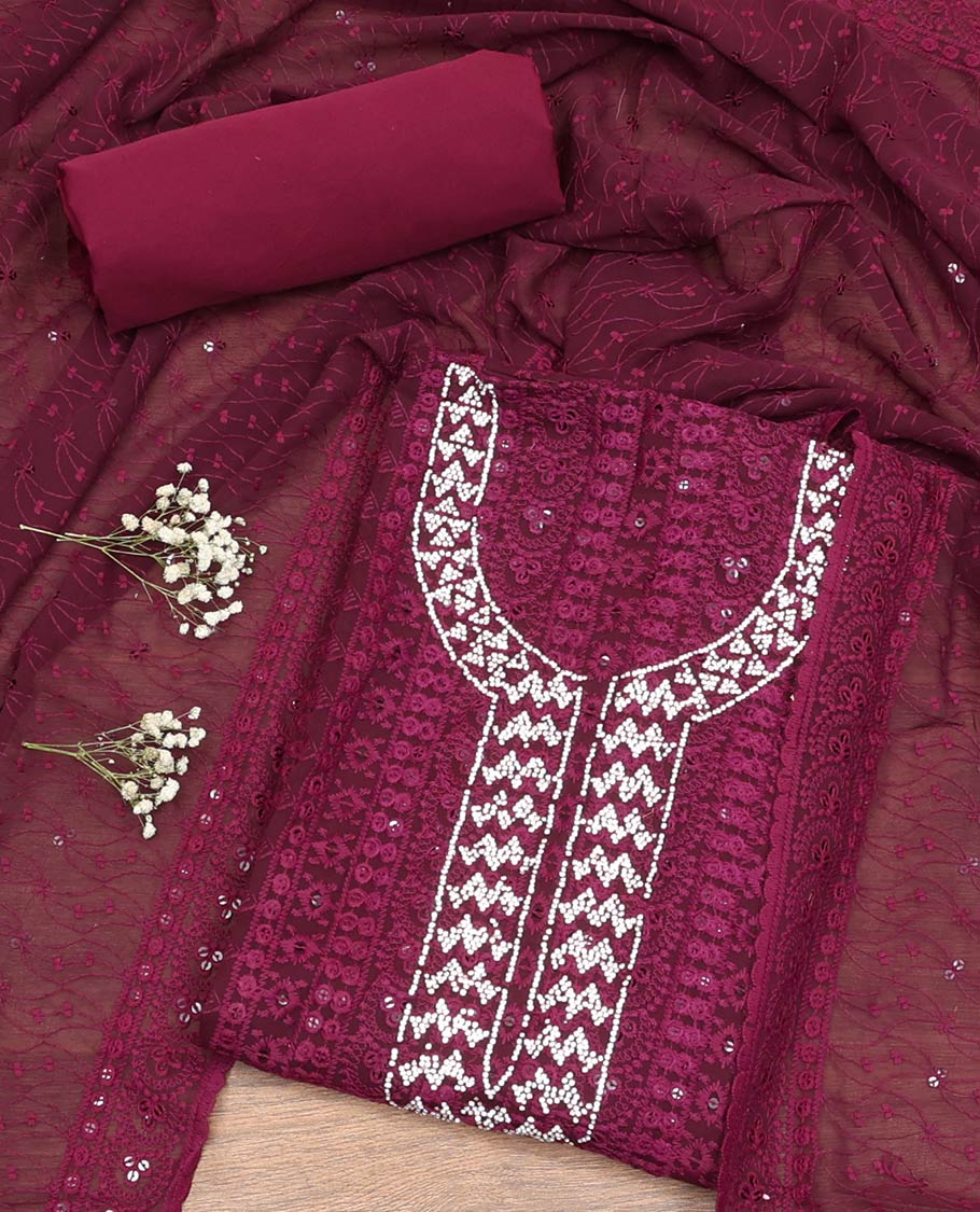 Wine Material Chudidar Set, Delicately Woven with Chikankari-style Thread Embroidered  and Neck Stone Work Georgette Top, a Plain Santoon Bottom, and Paired with Embroidered Georgette Dupatta