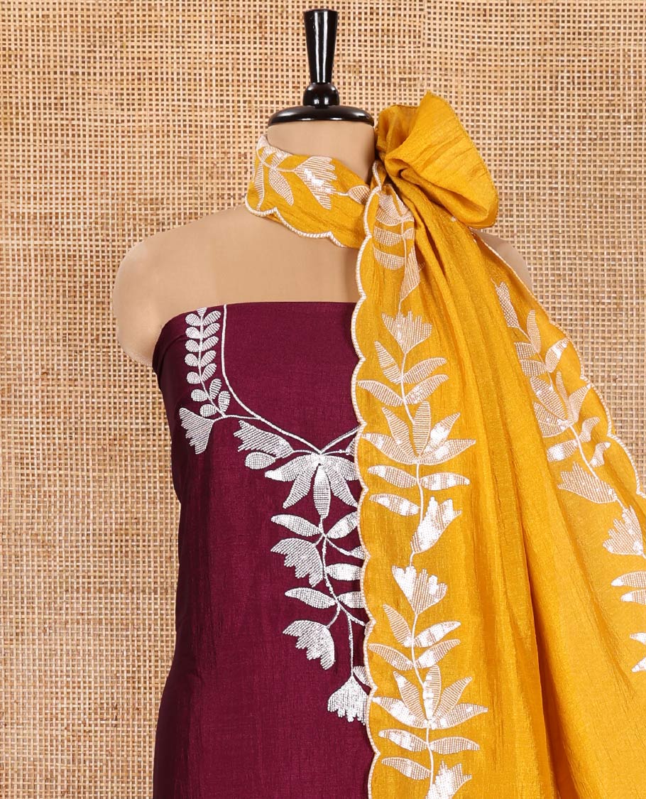 Wine Material Churidar Set, Detailed with Floral Motifs Sequins-Thread Embroidered on Its Vichitra Silk Top, Comes with a Contrast Santoon Bottom, and Paired with a Vichitra Silk Floral Embroidered Scallop Dupatta - Image 3