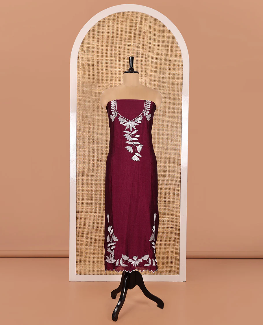 Wine Material Churidar Set, Detailed with Floral Motifs Sequins-Thread Embroidered on Its Vichitra Silk Top, Comes with a Contrast Santoon Bottom, and Paired with a Vichitra Silk Floral Embroidered Scallop Dupatta - Image 4