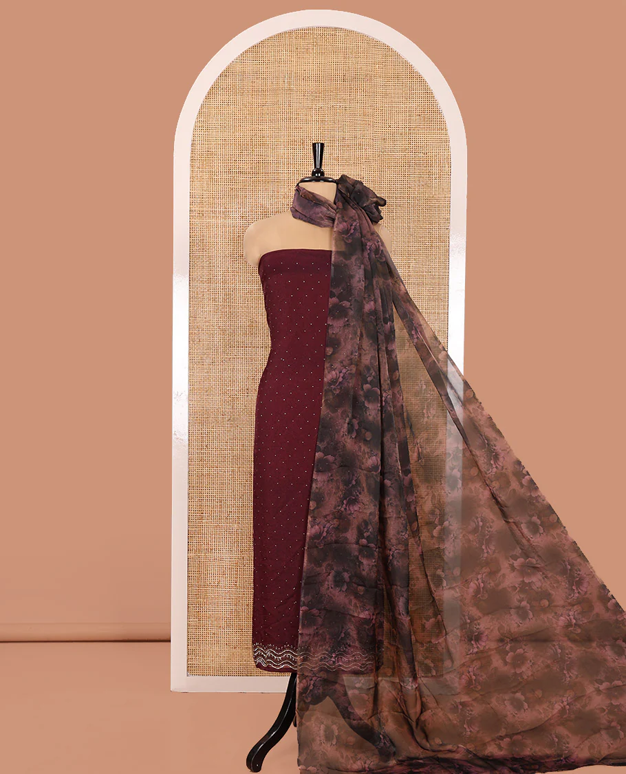 Wine Material Churidar Set, Elevated with Swarovski Stone Work Nc Moss Organza Top, Comes with a Plain Santoon Bottom, and Floral Printed Nc Moss Organza Dupatta