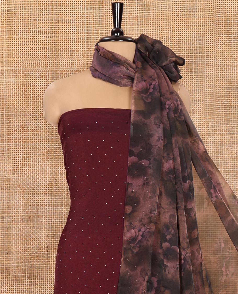 Wine Material Churidar Set, Elevated with Swarovski Stone Work Nc Moss Organza Top, Comes with a Plain Santoon Bottom, and Floral Printed Nc Moss Organza Dupatta - Image 3