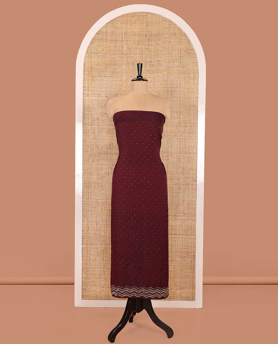 Wine Material Churidar Set, Elevated with Swarovski Stone Work Nc Moss Organza Top, Comes with a Plain Santoon Bottom, and Floral Printed Nc Moss Organza Dupatta - Image 4