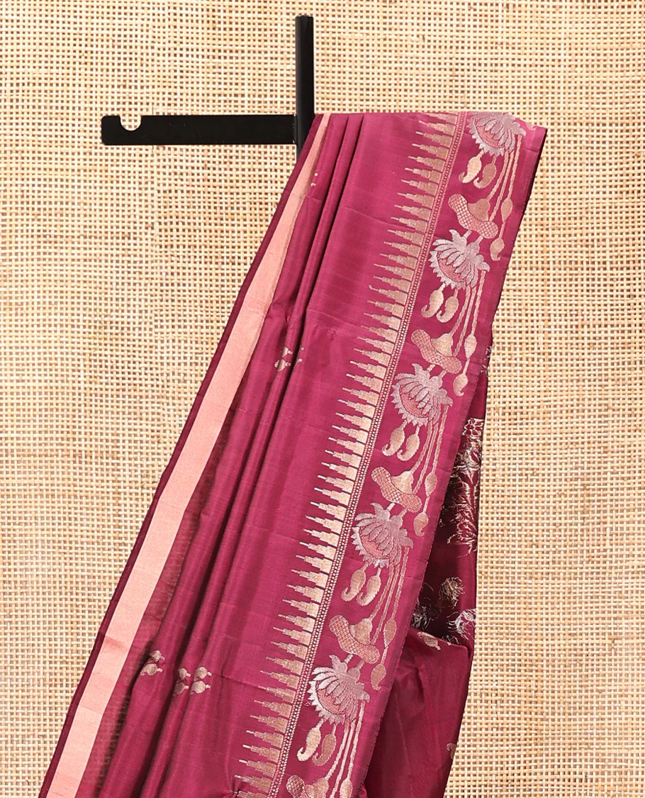 Wine Mayuri Soft Silk Saree, Subtly Woven with Manga Buttas All Over Its Body, Highlighted and Temple Border of Floral Creeper Designs, Pallu of Floral Designs, and Paired with a Matching Blouse - Image 3