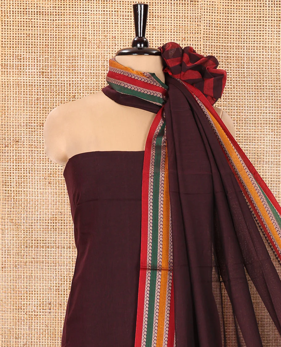Wine Mercerised Cotton Material Churidar Set, Featuring Plain and Traditional Motifs Woven Top, Comes with a Plain Mercerised Cotton Bottom, and Is Paired with a Mercerised Cotton Traditional Motifs Woven Dupatta - Image 8