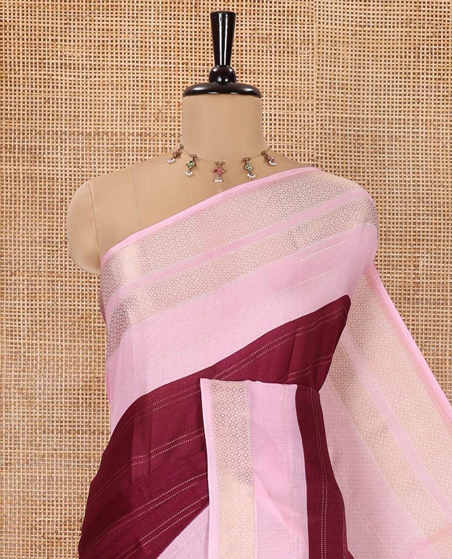 Wine Milan Moss Chiffon Saree, Subtly Sparkled with Stripes on Its Body, Complemented by a Contrast Geometric-Patterned Zari Border, Pallu of Stripes and Temple Designs, and Paired with a Contrast Blouse - Image 2