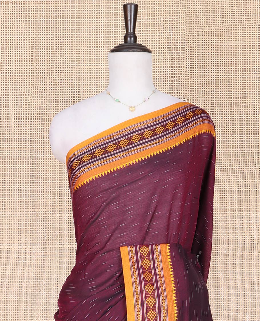 Wine Odisha Cotton Saree, Subtly Woven with Buttas All Over the Body, Complemented by a Contrast Temple Border of Geometric Thread Patterns, Pallu Depicts Geometric Patterns, and Paired with a Matching Blouse - Image 2