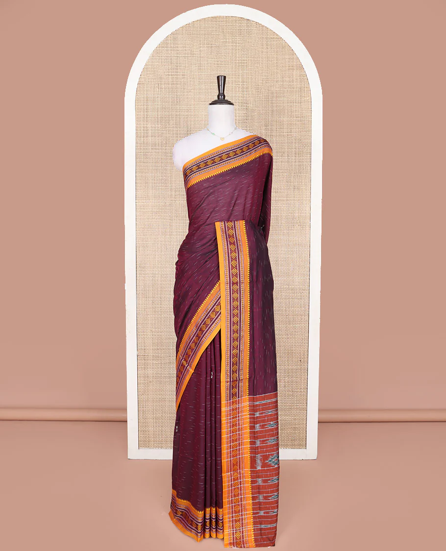 Wine Odisha Cotton Saree, Subtly Woven with Buttas All Over the Body, Complemented by a Contrast Temple Border of Geometric Thread Patterns, Pallu Depicts Geometric Patterns, and Paired with a Matching Blouse - Image 3