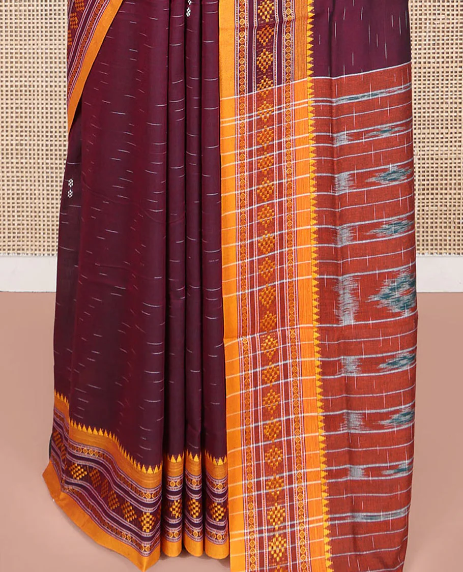 Wine Odisha Cotton Saree, Subtly Woven with Buttas All Over the Body, Complemented by a Contrast Temple Border of Geometric Thread Patterns, Pallu Depicts Geometric Patterns, and Paired with a Matching Blouse - Image 4