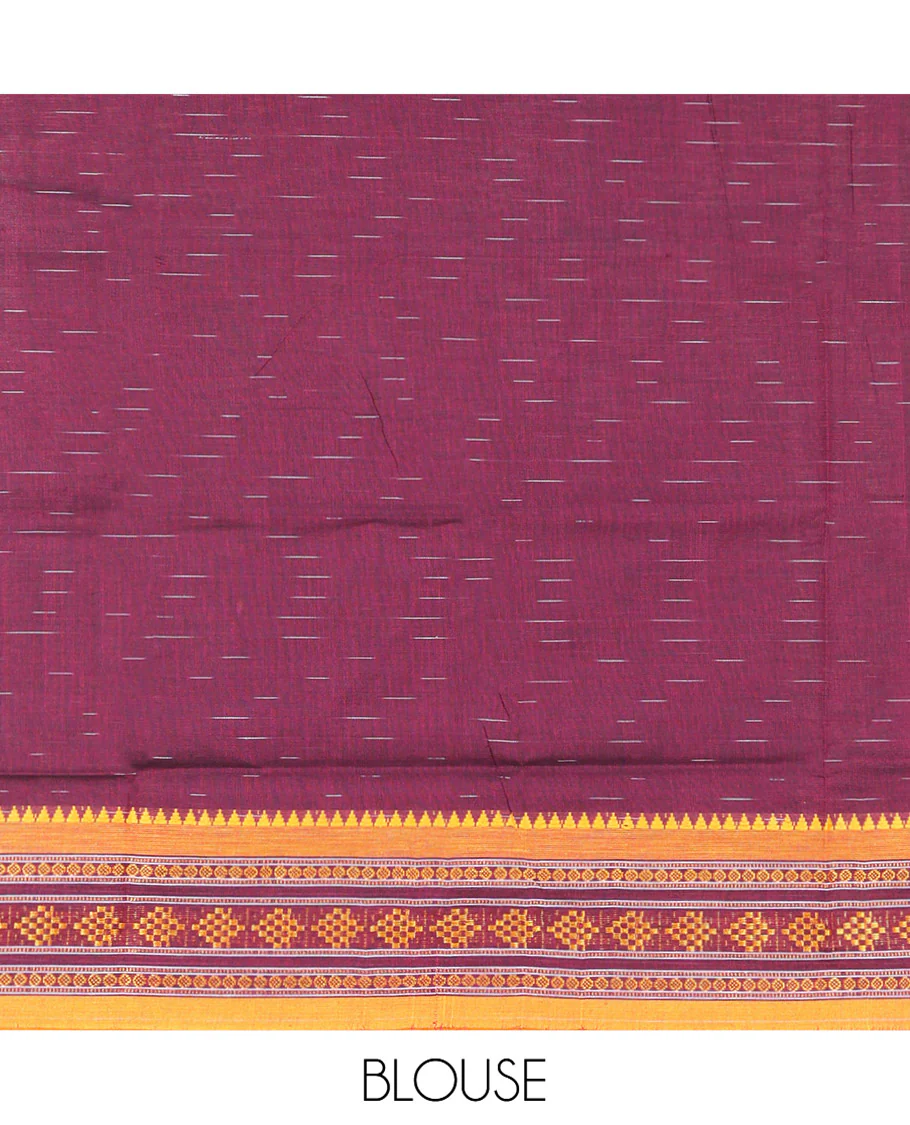 Wine Odisha Cotton Saree, Subtly Woven with Buttas All Over the Body, Complemented by a Contrast Temple Border of Geometric Thread Patterns, Pallu Depicts Geometric Patterns, and Paired with a Matching Blouse - Image 5
