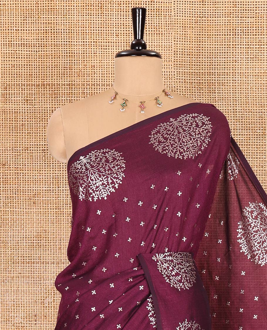 Wine plus buttas woven Vichitra silk saree, kalpavriksha tree motifs woven on its border, self-pallu, and no blouse - Image 2