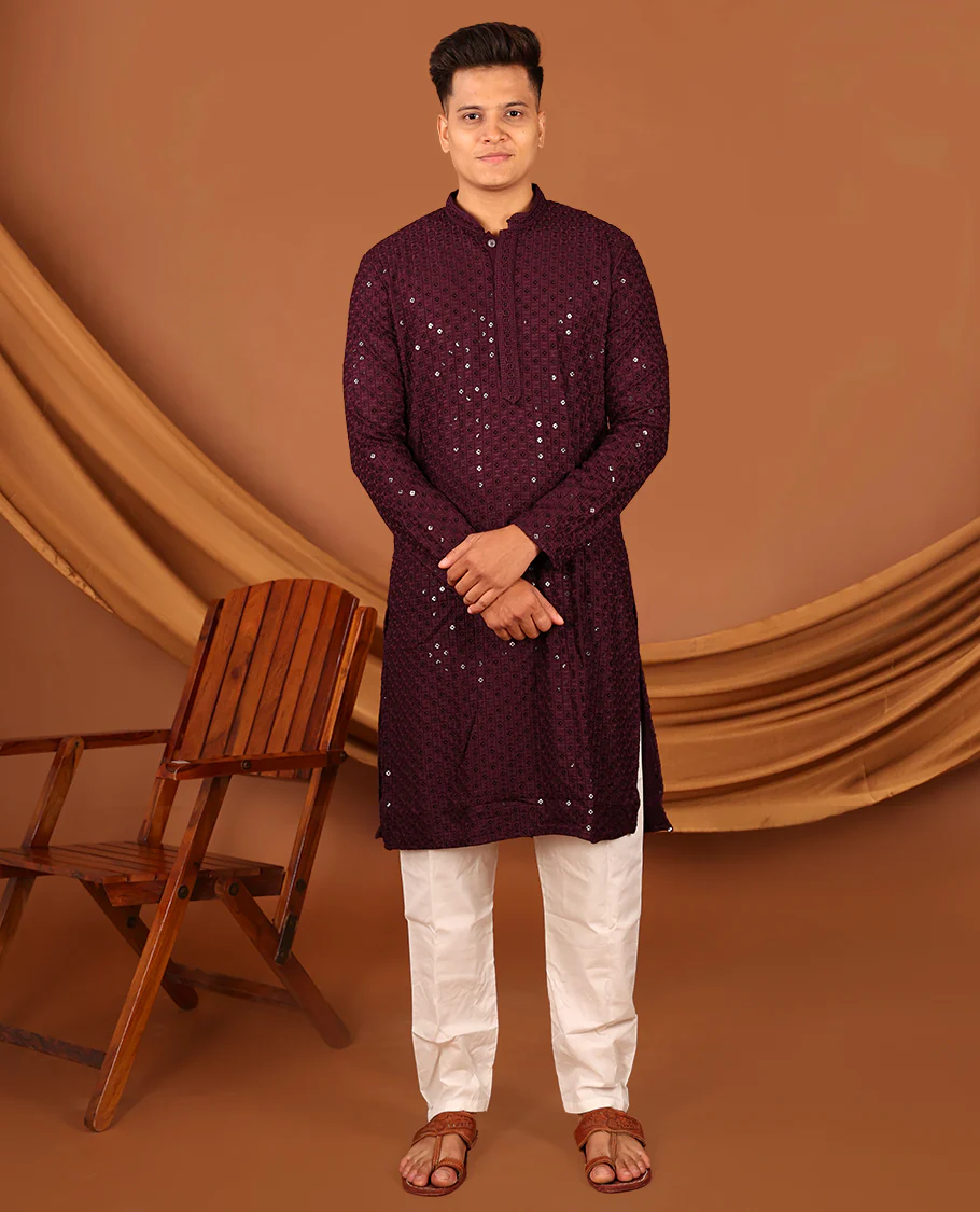 Wine Sequins and Thread Chikankari-Style Embroidered Full-Sleeved Men's Kurta and Contrast Pants