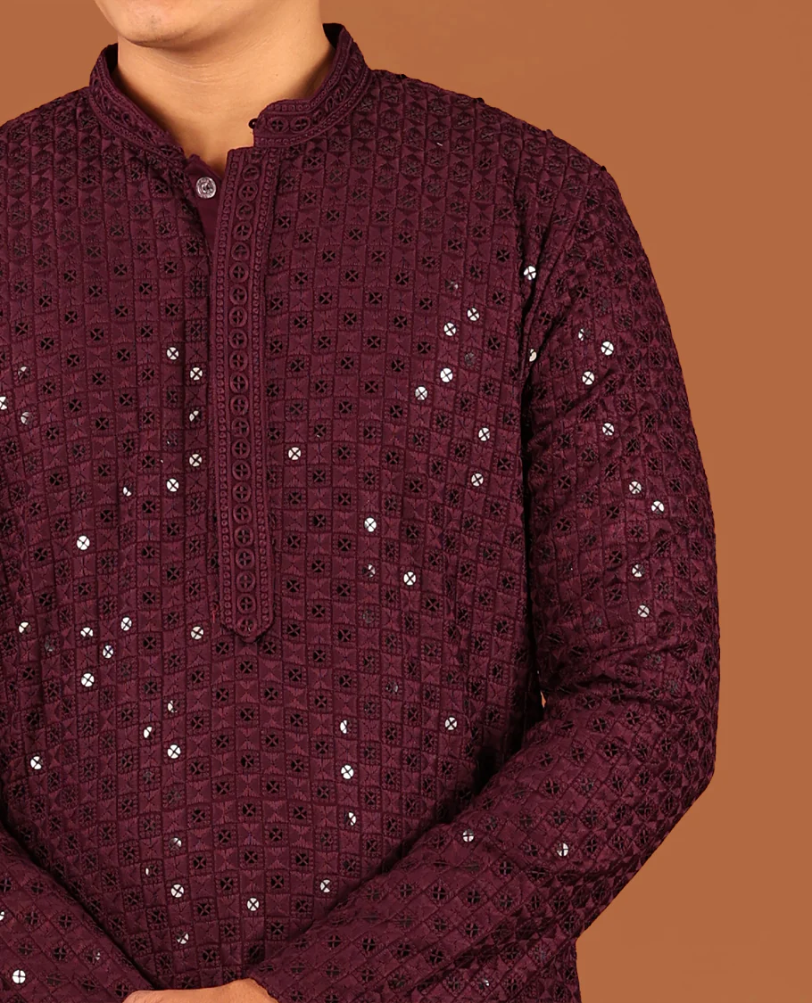 Wine Sequins and Thread Chikankari-Style Embroidered Full-Sleeved Men's Kurta and Contrast Pants - Image 2
