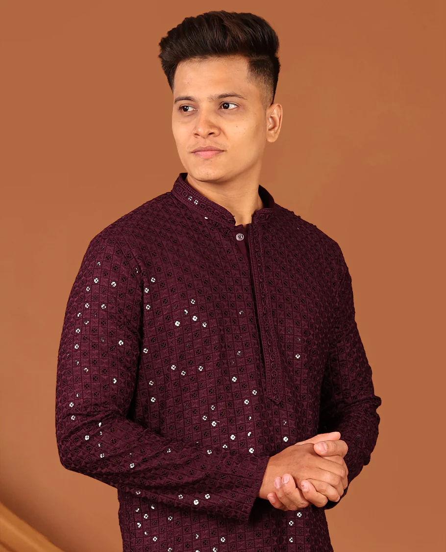 Wine Sequins and Thread Chikankari-Style Embroidered Full-Sleeved Men's Kurta and Contrast Pants - Image 3
