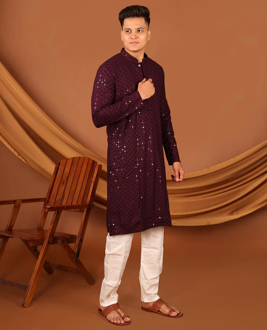 Wine Sequins and Thread Chikankari-Style Embroidered Full-Sleeved Men's Kurta and Contrast Pants - Image 4