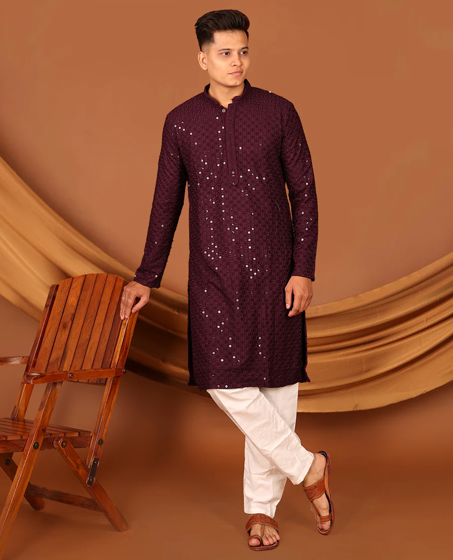 Wine Sequins and Thread Chikankari-Style Embroidered Full-Sleeved Men's Kurta and Contrast Pants - Image 5