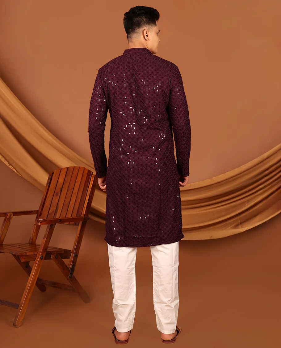 Wine Sequins and Thread Chikankari-Style Embroidered Full-Sleeved Men's Kurta and Contrast Pants - Image 6