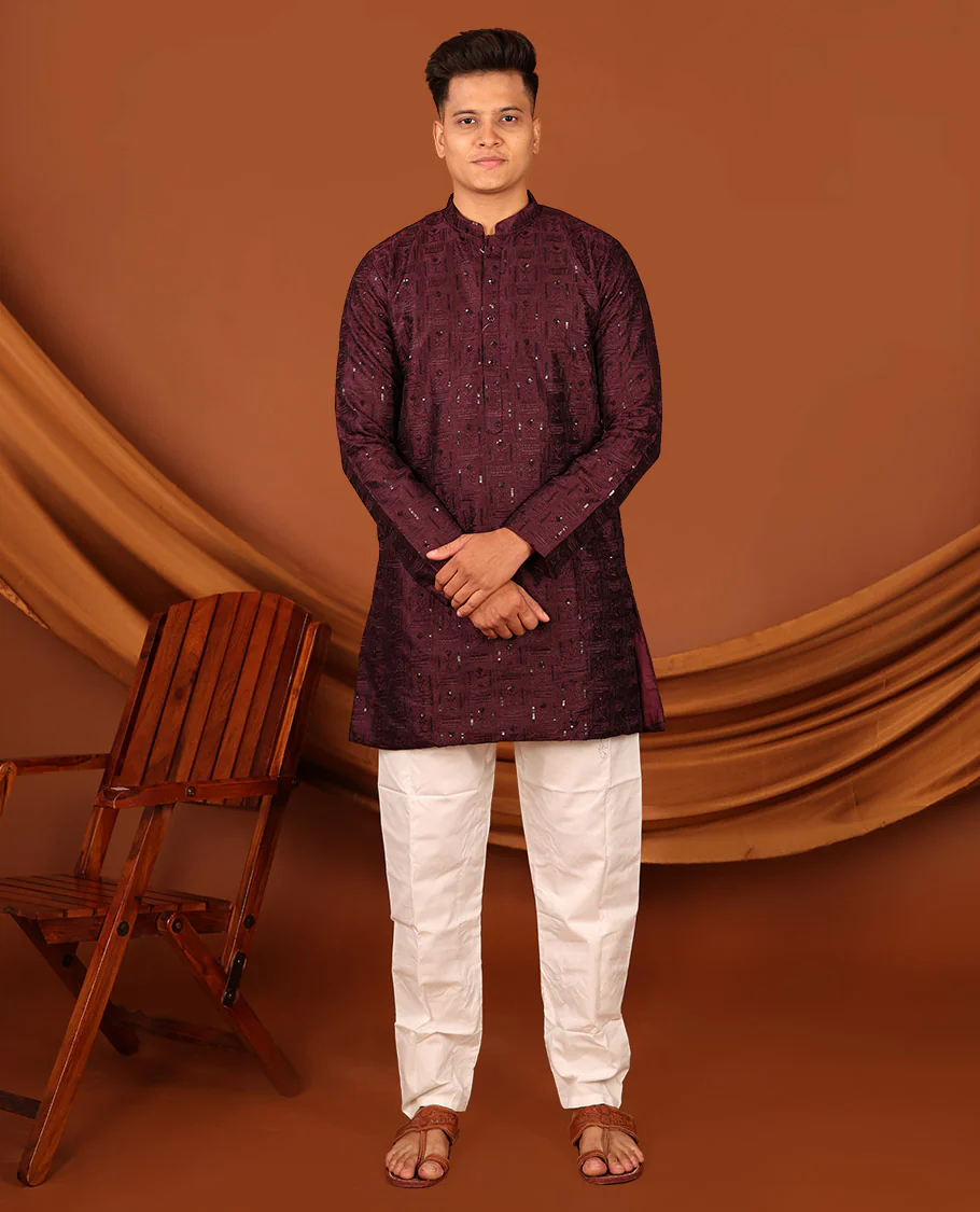 Wine Sequins and Thread Embroidered Full-Sleeved Men's Kurta