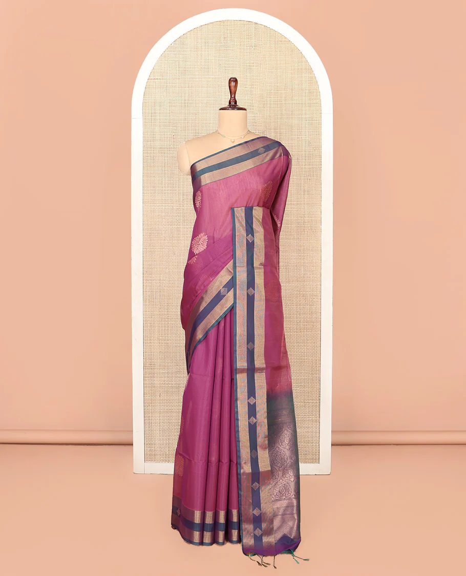 Wine Silk Cotton Saree, Adorned with Zari Buttas All Over Its Body, Complemented by Contrast Zari Border, Grandly Decked Up Pallu and Paired with a Contrast Blouse - Image 2