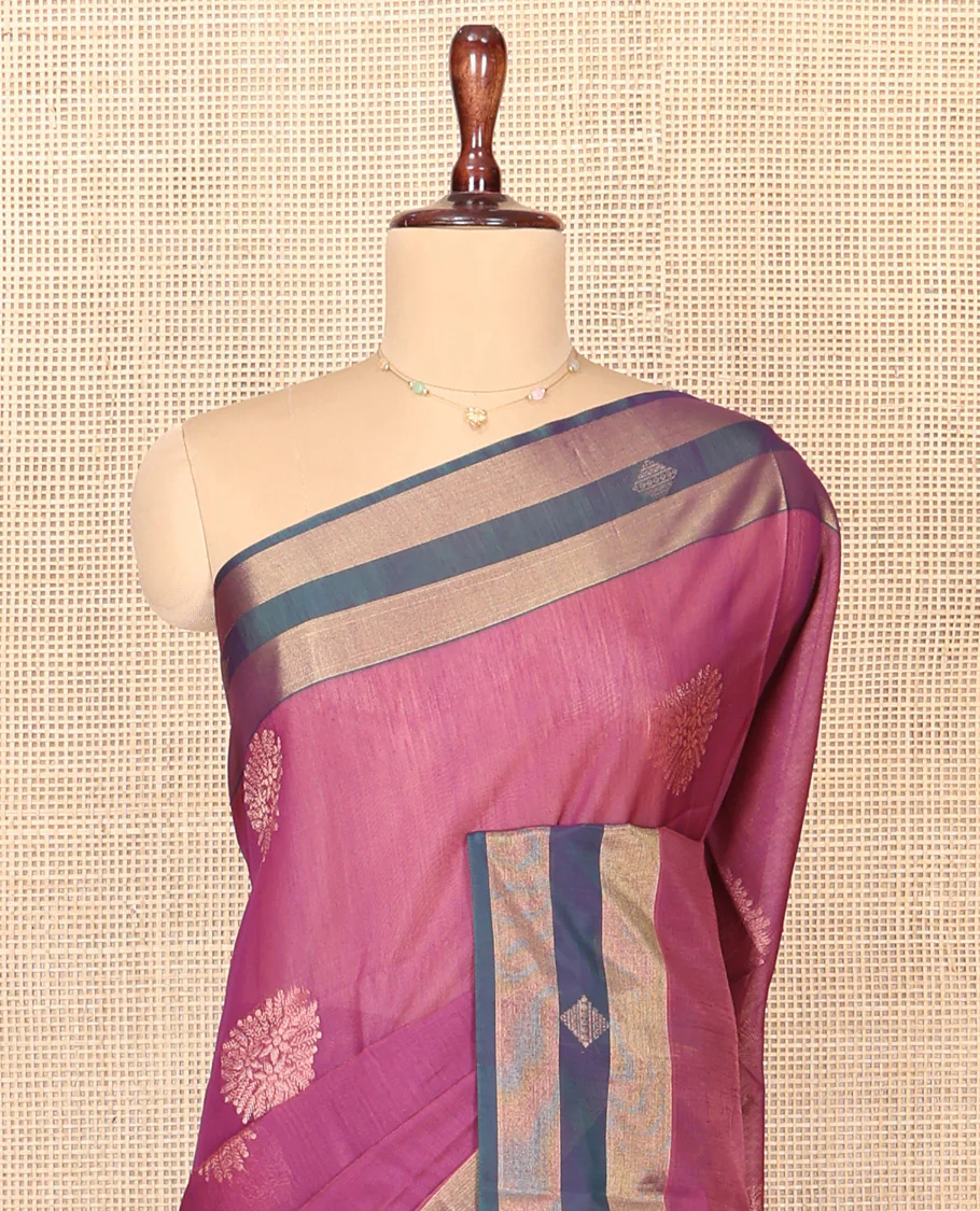 Wine Silk Cotton Saree, Adorned with Zari Buttas All Over Its Body, Complemented by Contrast Zari Border, Grandly Decked Up Pallu and Paired with a Contrast Blouse - Image 3