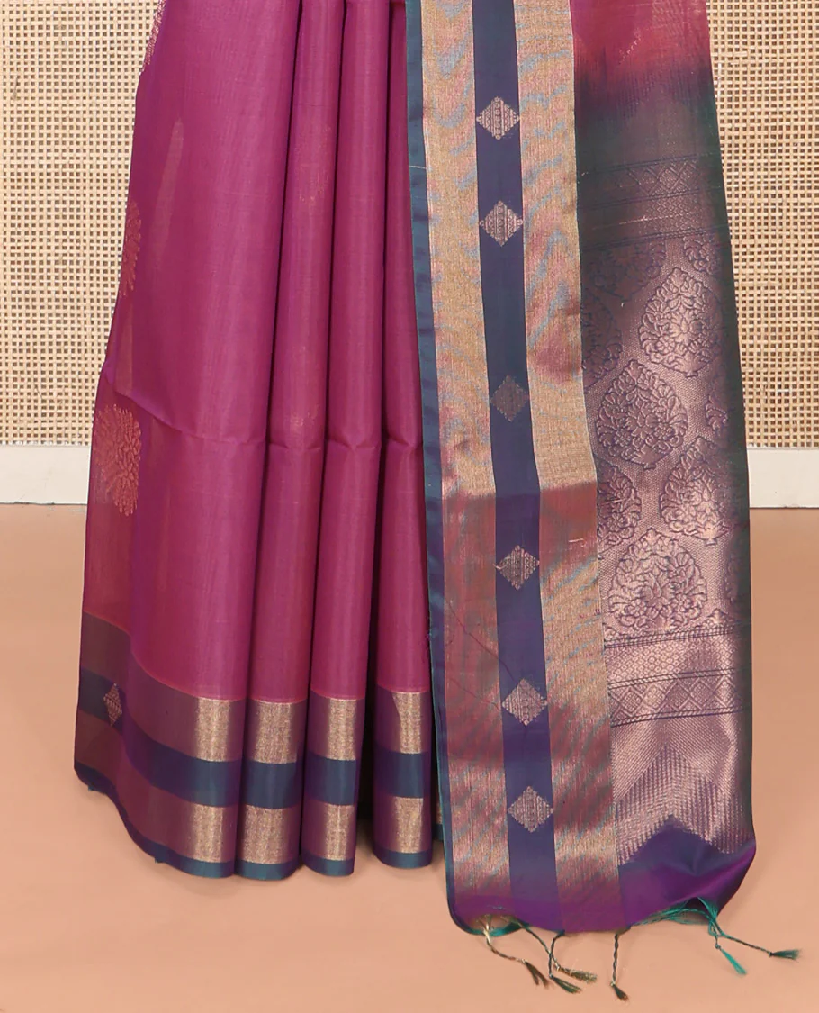 Wine Silk Cotton Saree, Adorned with Zari Buttas All Over Its Body, Complemented by Contrast Zari Border, Grandly Decked Up Pallu and Paired with a Contrast Blouse - Image 4