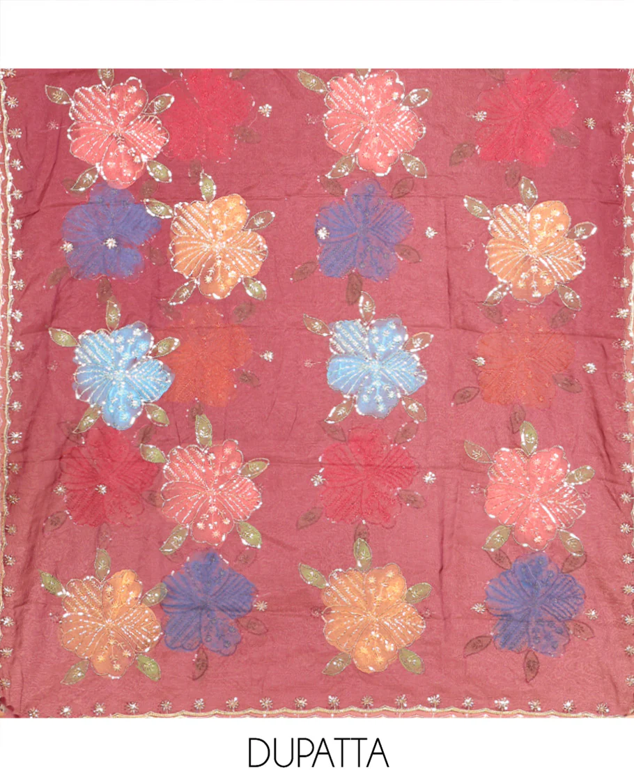 Wine Vichitra Silk Material Chudidar Set, Highlighted by Pom-Pom Necklined Top, a Plain Santoon Bottom, and Paired Scallop Multi-Color Floral Embroidered Organza Dupatta - Image 2